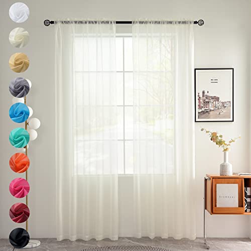 youleyar Solid Sheer Rod Pocket Curtain Voile Draperies 2 Panels White Beige Black Grey Coffee 52 Inch Width 90 Inch Long 1 Pair for Kitchen Bedroom Children Living Room Yard(Ivory,52W???90L)
