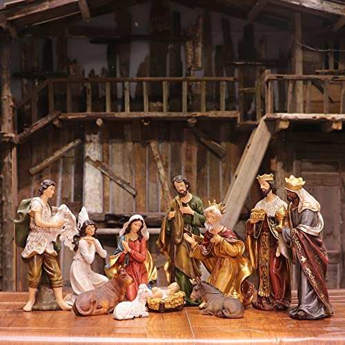 Zayton Nativity Set Christmas Indoor 11 Piece 8 inch Scene Statue Figurines Jesus Manger Crib Ornament Church Xmas Gift Home Decoration