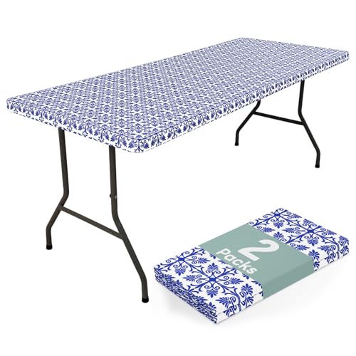 "misaya 2 Pack 6 Foot Rectangle Picnic Tablecloth, Elastic Fitted Waterproof Table Cover, Windproof Washable Polyester Table Cloth for Camping, Indoor and Outdoor (Blue, 30"" x 72"")"