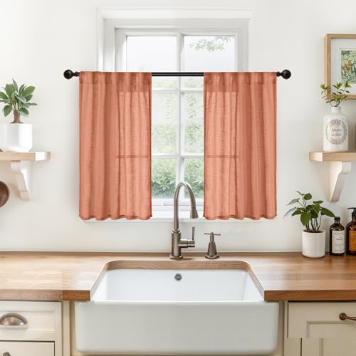 YoungsTex Burnt Orange Linen Cafe Curtains 24 Inches Long - Over Sink Drapes Semi Sheer with Rod Pocket Back Tab for Bathroom Kitchen Window, 2 Panels, 29 X 24 Inch