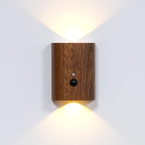 FIRST4MAGNETS MagLight Magnetic Wall Sconce Sensor Light, Wooden Wireless USB Rechargeable Night Light for Bedroom, Office, Study, Living Room, Hallway - Sapele Wood