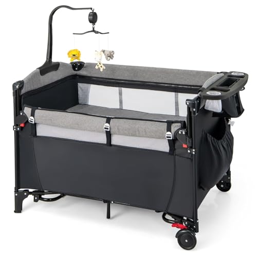GYMAX 5 in 1 Folding Travel Cot, Portable Baby Bed Playard (Black)
