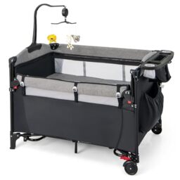 GYMAX 5 in 1 Folding Travel Cot, Portable Baby Bed Playard (Black)