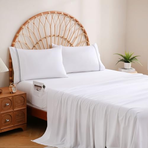 JSD White Queen Size Sheet Set with Side Storage Pocket, 4 Piece Soft Brushed Microfiber Bed Sheets 16 inch Extra Deep Pocket