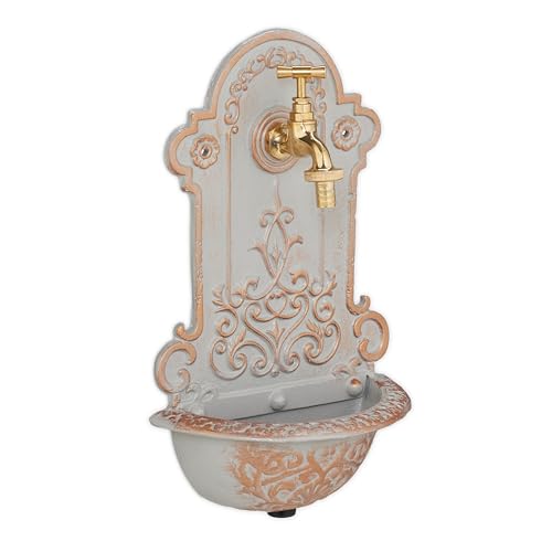 Relaxdays Wall Fountain, Antique Design, Basin & Water Tap, Gold/Grey - for Garden & Patio, 36 x 22 x 10.5 cm, Cast Iron