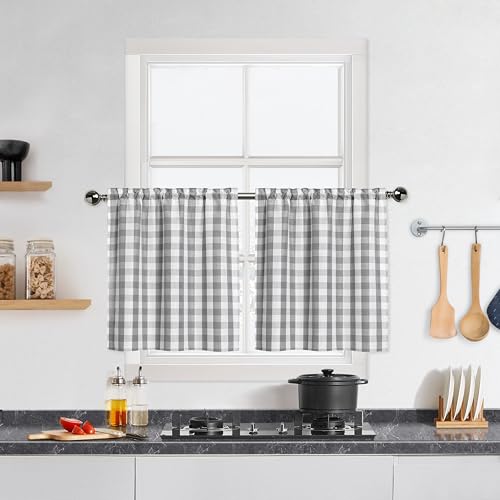 "Grey Buffalo Plaid Cafe Curtains 30 Inch Length, Gray and White Buffalo Check Kitchen Curtains, Gingham Rod Pocket Short Tier Curtain for Kitchen Bathroom Window, 28""W x 30""L, Silver/Grey, Set of 2"