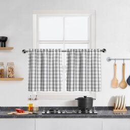 "Grey Buffalo Plaid Cafe Curtains 30 Inch Length, Gray and White Buffalo Check Kitchen Curtains, Gingham Rod Pocket Short Tier Curtain for Kitchen Bathroom Window, 28""W x 30""L, Silver/Grey, Set of 2"