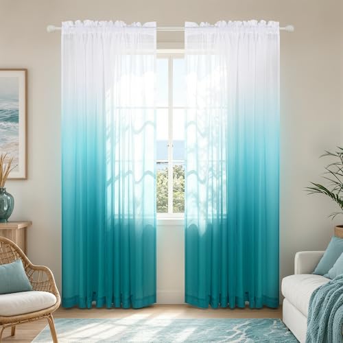 KOUFALL Teal Curtains 84 Inch Length for Bedroom 2 Panels Set, Summer Coastal Beach Ocean Teal White Decor, Ombre Semi Sheer Curtains for Living Room, Seafoam Aqua Blue Turquoise Green