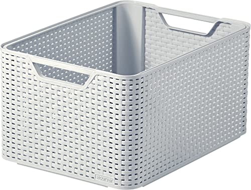 CURVER Style Rattan Effect Kitchen, Living room, Bathroom, Bedroom, Utility Large Rectangular Storage Basket 30 Litres - Grey