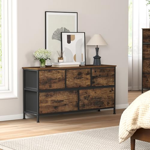 SONGMICS Chest of Drawers, 5 Storage Drawers Bedroom, Storage Unit, Steel, MDF, Non-Woven Fabric, for Bedroom, Closet, Hallway, Living Room, Rustic Brown and Ink Black LGS322BH04