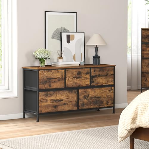 SONGMICS Chest of Drawers, Storage Unit, Steel, for Bedroom, Closet, Hallway, Living Room, 5 Drawers, Industrial, Rustic Brown and Ink Black BELLAH Collection LGS322BH04