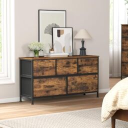 SONGMICS Chest of Drawers, Storage Unit, Steel, for Bedroom, Closet, Hallway, Living Room, 5 Drawers, Industrial, Rustic Brown and Ink Black BELLAH Collection LGS322BH04