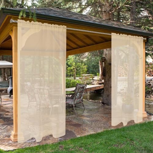 SpaceDresser Waterproof Outdoor Sheer Curtains for Patio - 2 Panels Rod Pocket Indoor Voile Sheer Curtain for Living Room,52W x 96L inch, Beige