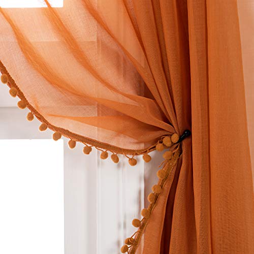 Selectex Linen Look Pom Pom Tasseled Sheer Curtains - Rod Pocket Voile Semi-Sheer Curtains for Living and Bedroom, Set of 2 Curtain Panels (52 x 108 inch, Pumpkin Yellow)