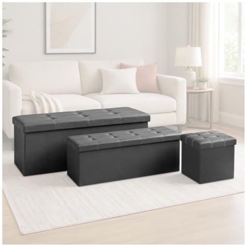 GC GAVENO CAVAILIA Faux Leather Ottoman Storage Box With Lids, Charcoal - Leather Fabric Ottoman Storage Bench Folding Stools 38x38x38 cm - Toy Chest Storage Box For Bedroom, Hallway, Entryway