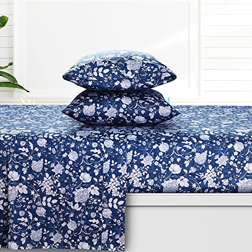 AZORES HOME Kate 300 Thread Count Organic Cotton Deep Pocket Sheet Set Queen, Dark Blue (KATEORGSHEQU)