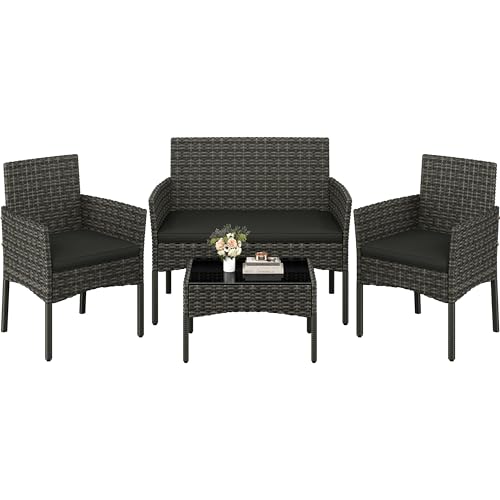Yaheetech 4 Pieces Outdoor Patio Conversation Set, PE Rattan Wicker Sofa Set with Soft Cushion and Tempered Glass Table for Yard, Poolside, Garden (Grey)