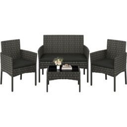 Yaheetech 4 Pieces Outdoor Patio Conversation Set, PE Rattan Wicker Sofa Set with Soft Cushion and Tempered Glass Table for Yard, Poolside, Garden (Grey)