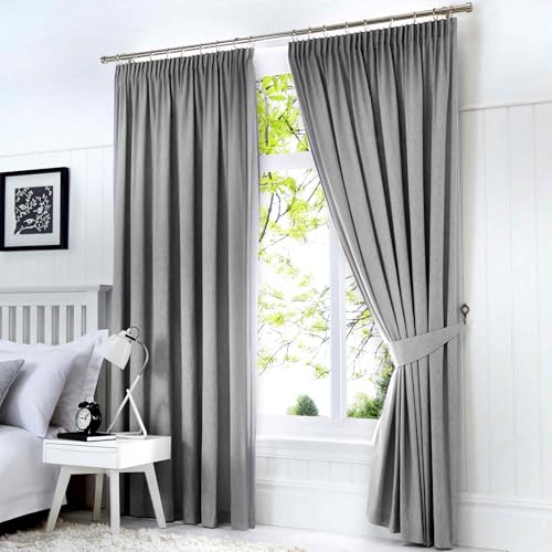 "Fusion - Silver Grey Blackout Curtains W66 x L54"" (168 x 137cm) - Pencil Pleat Curtains in Light Grey - 2x Panels - Thermal Curtains for Bedroom & Living Room - Pleated Curtains and Drapes in Silver"