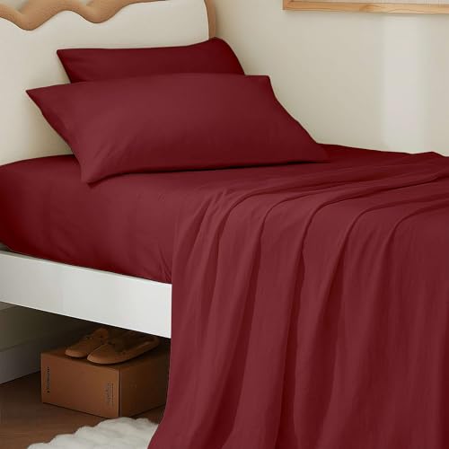 "4 Piece Twin XL Sheet Set, Extra Long Sheets for Dorm, Ultra Soft & Wrinkle Free, Fits Between 12"" to 16"" Deep Mattress, Easy Care Brushed Microfiber, Breathable and Cooling, Burgundy"