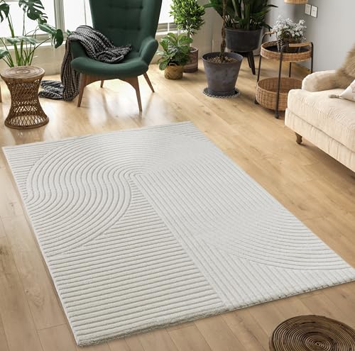 Mia's Theo Rugs, Modern Short Pile with High/Low Effect, 3D Effect, High Pile Density, Soft, Panglao Design, Cream, 80 x 150 cm