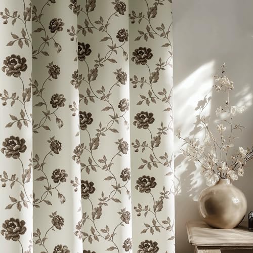 Beauoop Floral 100% Blackout Curtains for Bedroom Brown 52x63 2 Panels - Rose Flower Patterned Room Darkening Drapes for Living Room 63 Inch Long Thermal Soundproof Window treatment Grommet