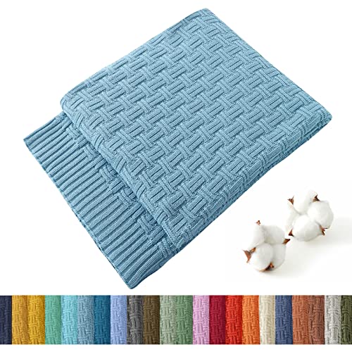 TREELY 100% Cotton Knitted Throw Blanket 31 x 40 Inches, Teal Blue - Couch Cover Blanket, Decorative for Couch, Bed & Sofa