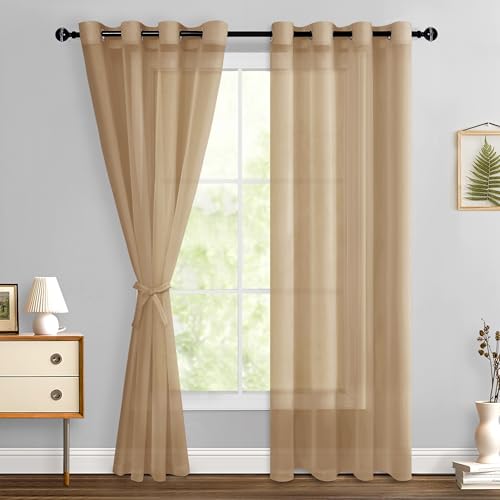 Hiasan Sheer Curtains 84 Inches Long with Tiebacks, Light Filtering Voile Textured Drape Lightweight Grommet Window Curtains for Bedroom, Living Room, Office, Taupe, W52 x L84, Set of 2 Soft Panels