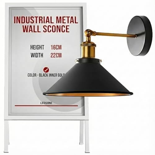 LEDSone Industrial Metal Wall Sconce, Black & Gold Wall Light with E27 Bulb Holder, Modern Indoor Wall Lamp for Bedroom, Hallway & Living Room
