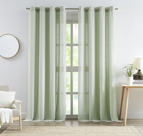 "Central Park Soft Green Light Filtering Curtain with Grommet Top, 58""x90""x2 - Flax Linen Blend, Solid Semi Sheer, 90 Inch Long, Window Treatment Drape, Farmhouse Rustic, for Living Room Bedroom, 2 Panels"