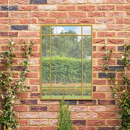 "MirrorOutlet The Genestra - Gold Modern Contemporary Garden Wall Mirror 39"" X 27"" (100CM X 70CM) Silver Mirror Glass with Black Metal Frame.…"