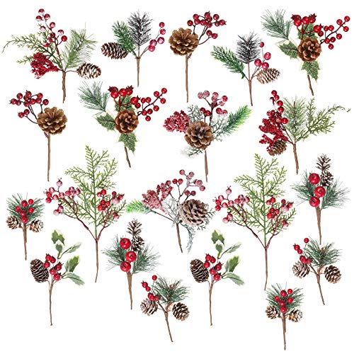 Crafare 20 Pack Artificial Christmas Tree Picks Assorted Red Berry Pine Picks Spray with Pinecones Apples Holly Leaves Winter Holiday Season D??co