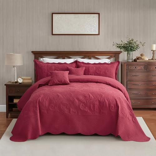 Blythease Oversized King Bedspread, Stitched Paisley, Wine Red - Generous Coverage, 5-Piece Quilt Set, Lightweight Reversible Coverlet, Scalloped Edge, King/Cal King