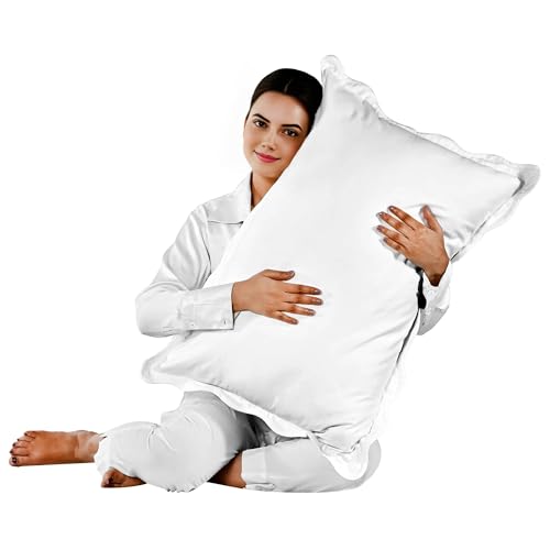 "Ridhi White with White Scalloped 100% Cotton 400 TC Throw Pillow Covers 20""x30"" Set of 2 Solid Pure Farmhouse Case Soft Home Decor for Sofa, Bed, Couch, Living Room Gift for Spring, Easter, Valentine"