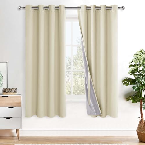 XWZO Total Blackout Curtains 72 Inches Long - Double Layer Full Light Blocking & Energy Efficiency Grommet Window Panels with Tiebacks for Bedroom/Living Room, Beige, W52 x L72, Set of 2