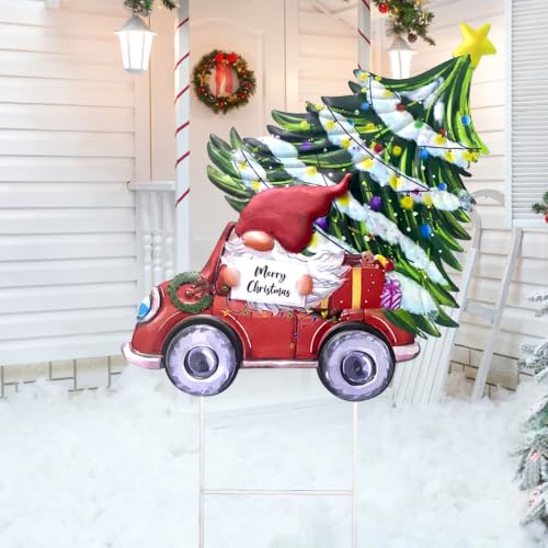 Christmas Decorations Yard Stakes Sign, Metal Gnome & Red Truck with Christmas Tree and Gift Box Ornament, Metal Merry Christmas Holiday Outdoor Garden Welcome Signs Yard Lanwn Stake