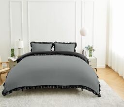 GC GAVENO CAVAILIA Ruffles Duvet Cover Double With Pillow Cases - Reversible Plain Bedding Double Duvet Cover Set - Breathable & Lightweight Frill Quilt Cover Bed Set 200x200 Cm, Charcoal/Black