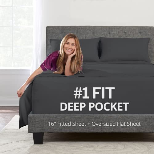XL Single Bed Sheet Set Deep Pocket 3 Piece Set 16 Inch Deep Pocket Fitted Sheet Plus Size 1 Zipper Pillowcase Dark Grey