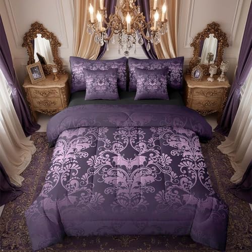 Erosebridal Gothic Damask Comforter Set 7 Piece Bed in a Bag Twin,Halloween Bat Bedding Sets Purple Victorian Floral Goth Sheet Set with Comforter