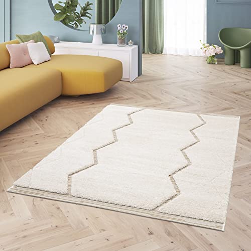 Living Room Rug Geometric Scandinavian Ghost, Berber Rug for the Living Room - Bedroom, Flat Woven and Pile Height 22 mm, 3D Effect, 100% Polypropylene, 120 x 170 cm, Cream - Beige