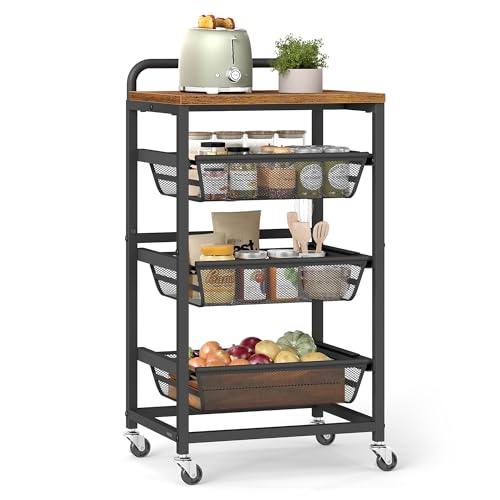 VASAGLE 4-Tier Storage Trolley with Pull-Out Baskets, Kitchen Shelf with Wheels, Handle, 31.7 x 40 x 76 cm, Rustic Brown and Ink Black LRC040K01