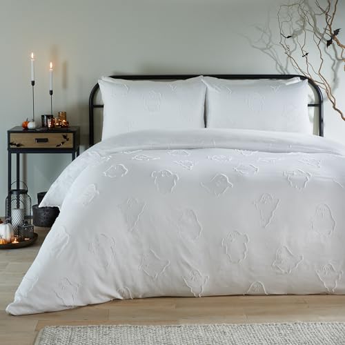 Duvet Day Ghostly Ghouls Duvet Cover Set – Ultra Soft Touch Tufted Halloween Bedding (White - Super King)