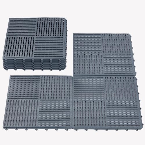 "9 Pack 12""x12"" Interlocking Floor Tiles, 0.4"" Thick Dark Gray Non-Slip Mats with Drainage Holes for Pool Deck, Shower, Bathroom, Garage, Boat - for Wet Areas"