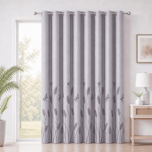 "Melodieux Extra Wide Embroidery Curtain for Living Room Patio Sliding Door, Rustic Floral Patterned Room Darkening Linen Textured Grommet Drape, Gray Wheat/Grayish White, 100"" W x 84"" L, 1 Panel"