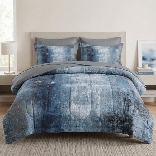 WeCozy 7 Pcs Queen Size Comforter Set with 2 Pillowcases & 2 Shams, Navy Indigo Blue Bedding for Kids and Adults, Contemporary Abstract Gray Bed in a Bag with Flat Fitted Sheet