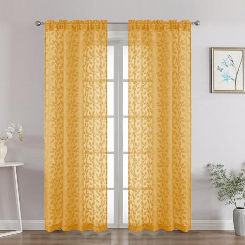 "Chyhomenyc Gold Sheer Curtains 72 Inches Long 2 Panels Set, Light Filtering Tufted Textured Soft Airy Rod Pocket Elegant Leaf Window Treatment Drapes for Bedroom Living Room, 42"" Wx72 L, 2PCS"