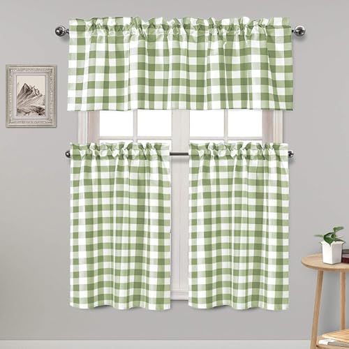 Hiasan 3 Piece Semi Sheer Sage Green Kitchen Curtains Light Filtering Buffalo Checkered Tier and Valance Window Curtains Set, 60 W x 18 L (1 Panel) + 29 W x 36 L (2 Panels)
