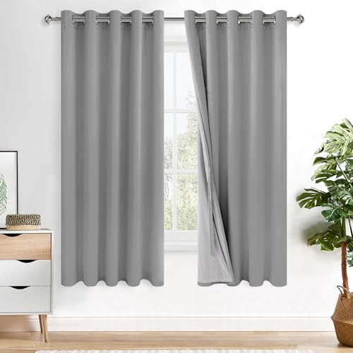 XWZO 100% Blackout Curtains 63 Inches Long with Tiebacks- Heat and Full Light Blocking, Thermal Insulated Window Panels with Grommets for Bedroom/Nursery, Light Grey, W60 x L63, Set of 2 Draperies