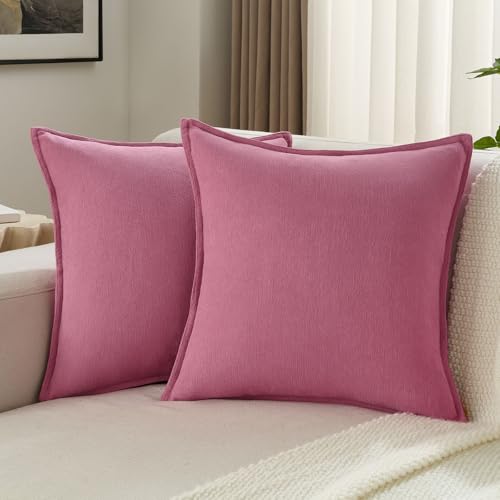 FUTEI Hot Pink Chenille Throw Pillow Covers 22x22 Inch Set of 2,Edges Double-Stitched Cushion Cases,Modern Home Decor for Couch Living Room