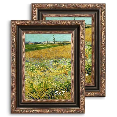 GiftMust 5x7 Picture Frame, Ornate Embossing 5 x 7 Frame with Tempered Real Glass, Tabletop or Wall Mounting Display for Art Prints or Pictures, Bronze and Antique Gold, 2 Pack